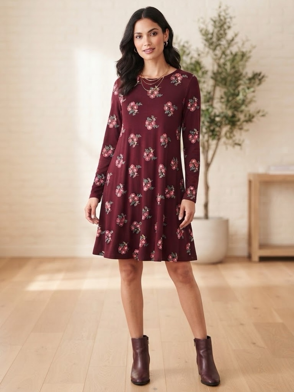 Old Navy burgundy floral rayon blend long sleeve dress